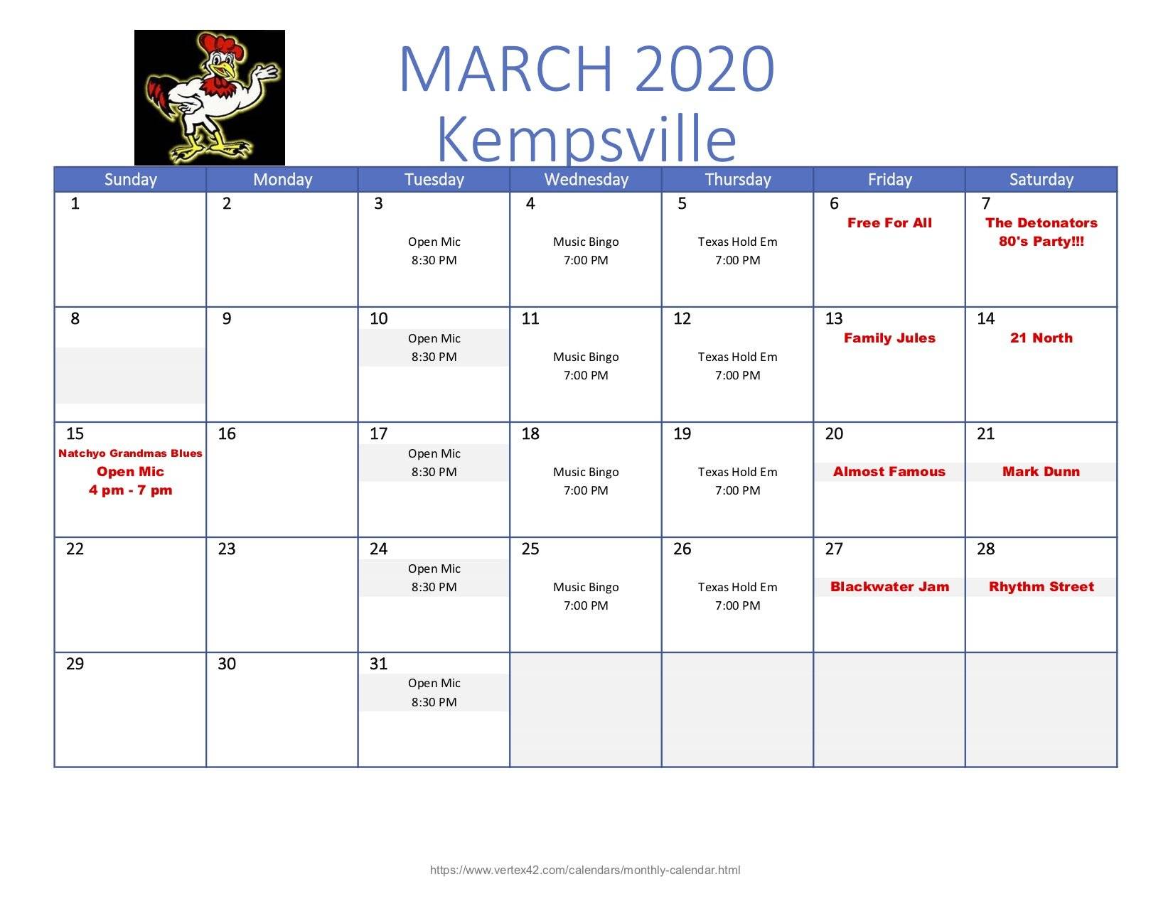 Wing King Kempsville March Calendar